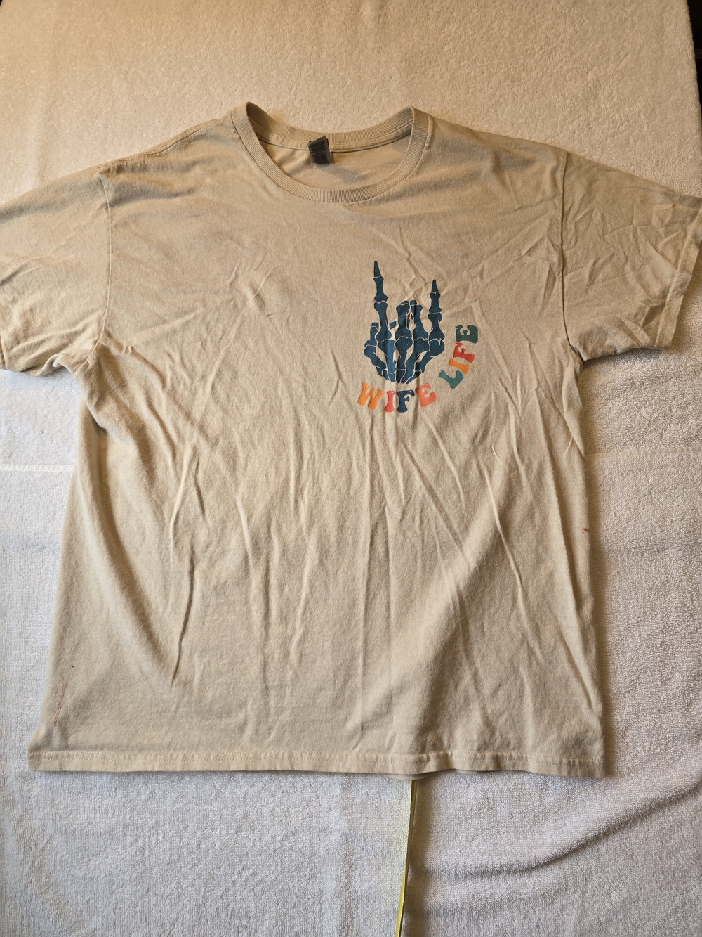 Gildan Wife LIFE Beige Short-Sleeve Tee with Blue Skeleton Hand Graphic